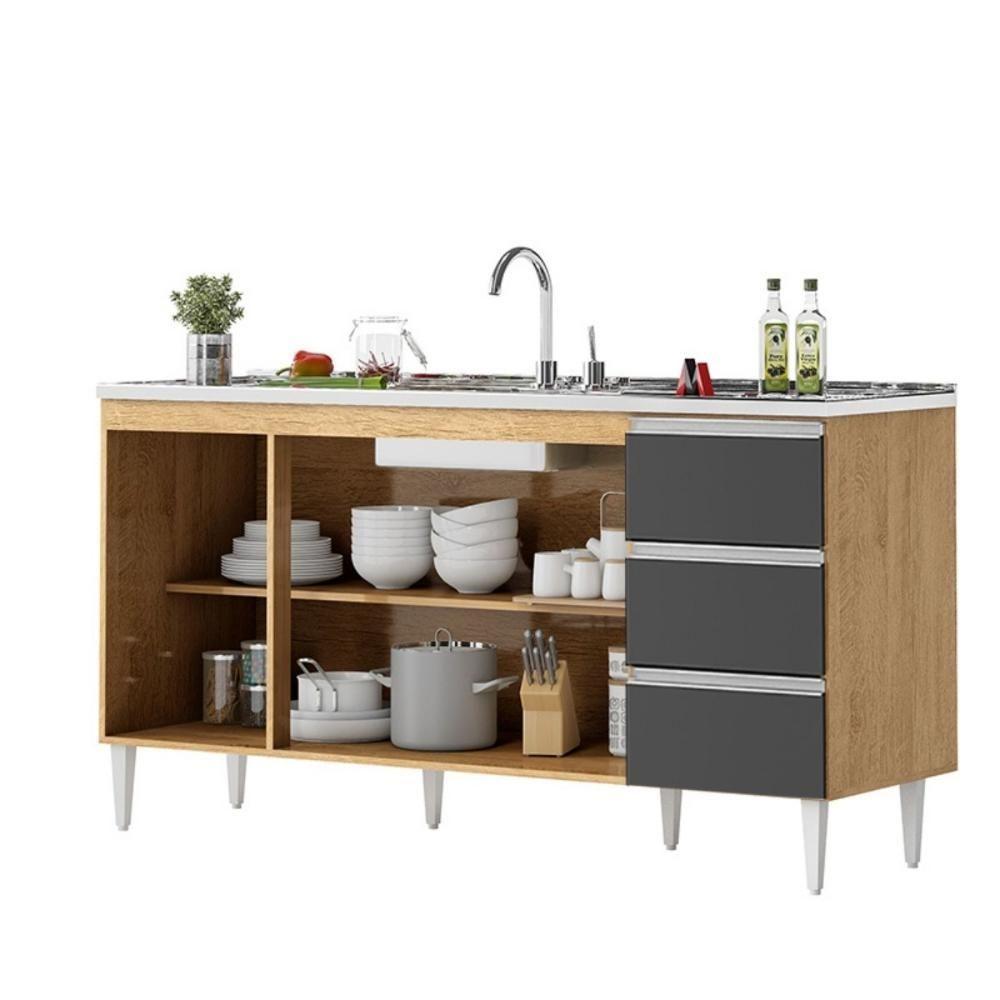 Balcão Salvador 1,60 Mt 3 Gavetas 3 Portas 100% Mdf Amêndoa Grafite - 2