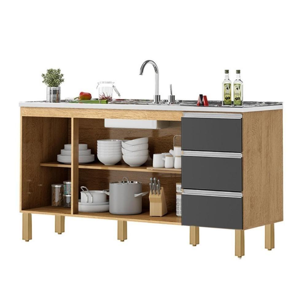 Balcão Recife 1,60 Mt - 3 Gavetas 3 Portas Amêndoa Grafite - 2