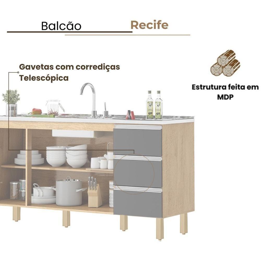 Balcão Recife 1,60 Mt - 3 Gavetas 3 Portas Amêndoa Grafite - 3