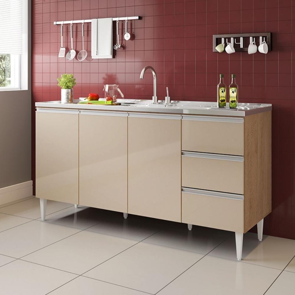 Balcão Salvador 1,60 Mt 3 Gavetas 3 Portas 100% Mdf Amêndoa Off - 2