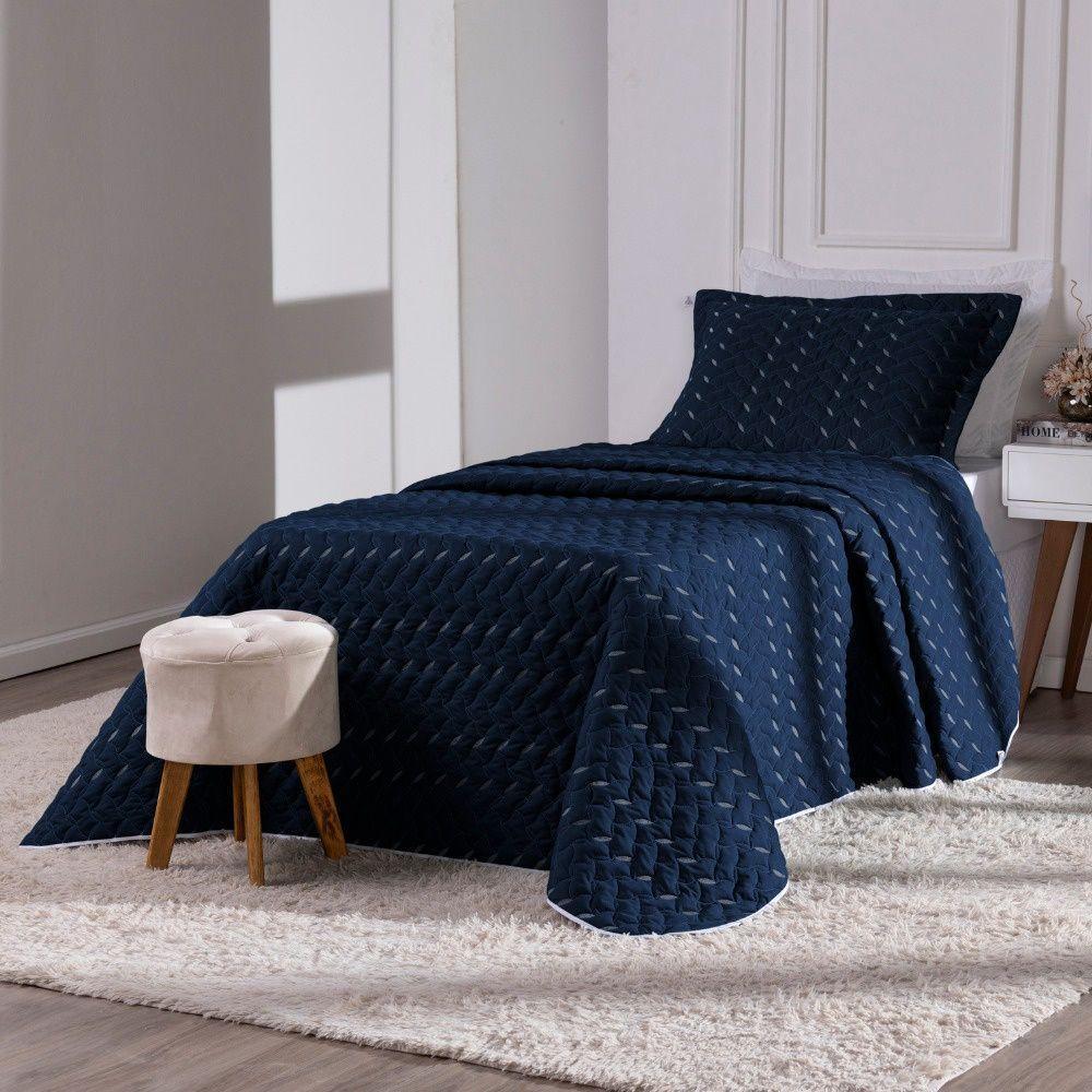 Cobre Leito Bordado 400 Fios Heitor Solteiro 100% Poliéster - Azul Marinho - 2