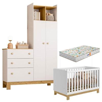 Berço Americano 4315 Mini Cama E Guarda Roupa Com Cômoda Q Encanto Slim 4970 Branco Acetinado Com Colchão Gazin – Qmovi