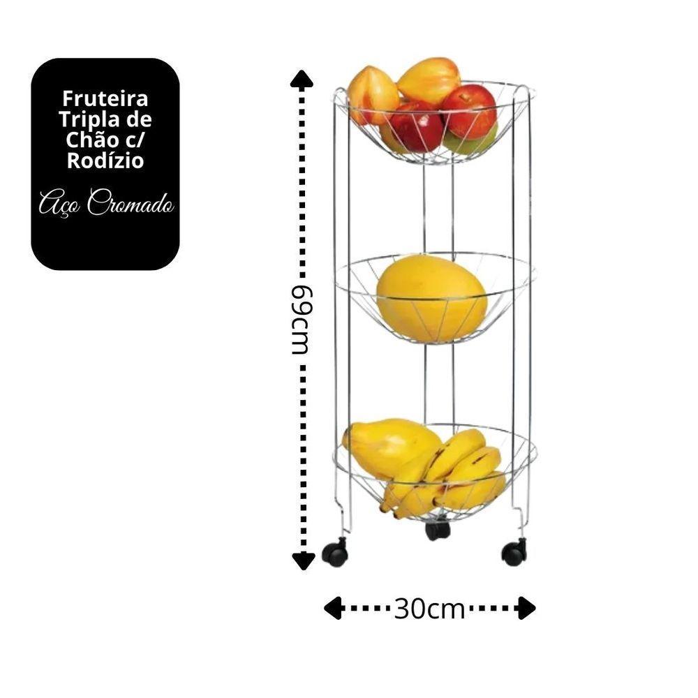 Fruteira Tripla De Chão Aço Cromado Premium 69cm - Araminas - 3