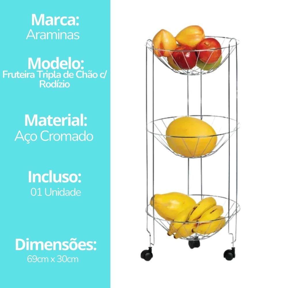 Fruteira Tripla De Chão Aço Cromado Premium 69cm - Araminas - 5