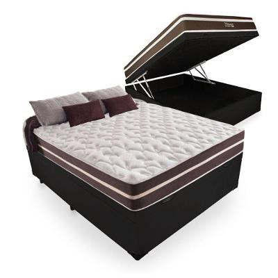 Cama Box Baú Casal 138 Tecido Sintético Preto Com Colchão Little Angel Mola Superlastic
