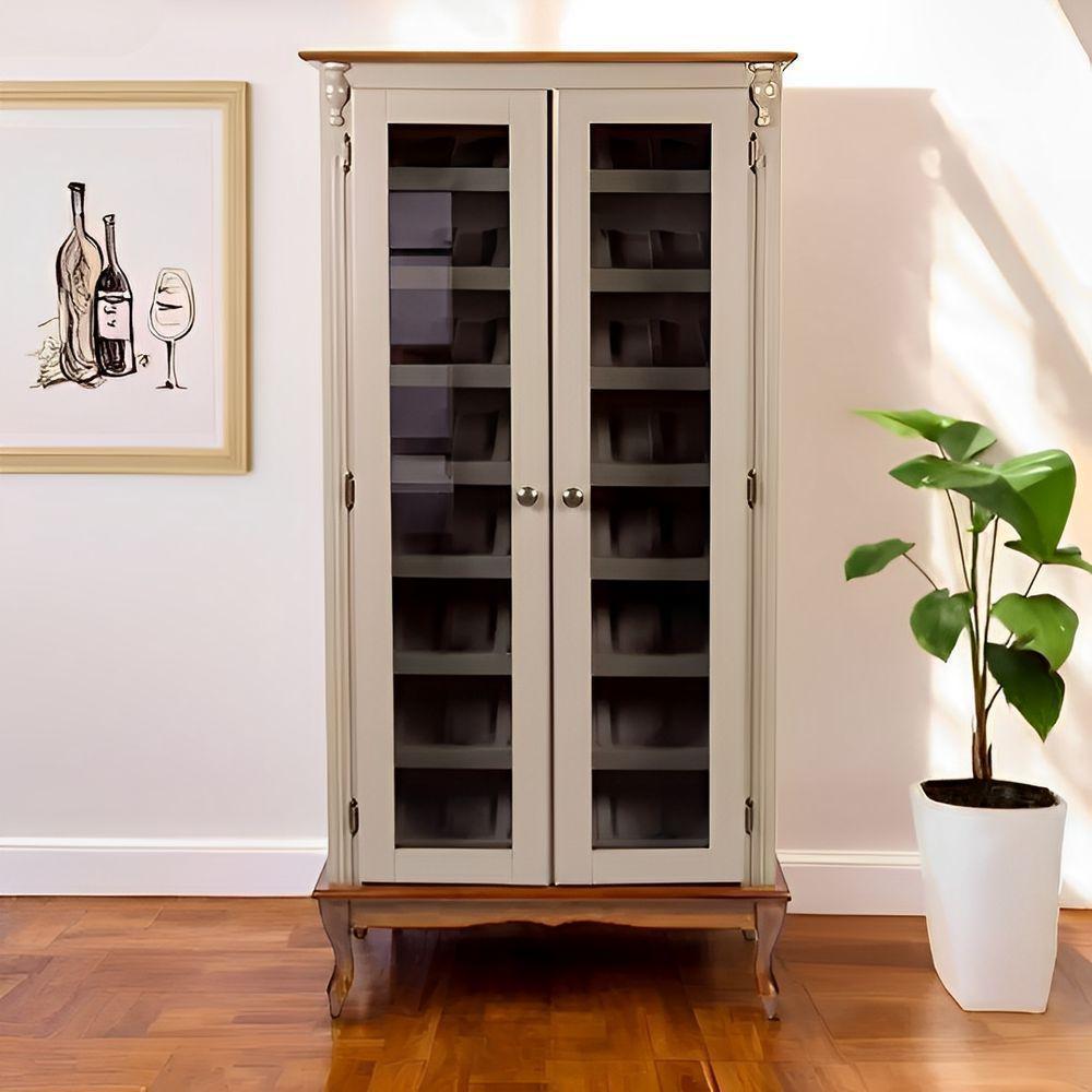 Adega Colonial Para Vinho Com 2 Portas De Vidro Fumê E Pés Luiz Xv - Amêndoa Com Tampo E Base Imbuia Glazer - 1