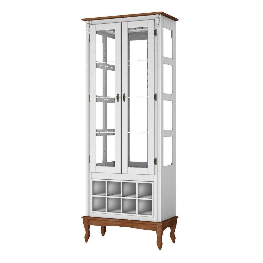 Adega E Cristaleira Colonial Com 2 Portas De Vidro E Pés Luiz Xv - Branco Laca Com Tampo E Base Imbuia Glazer - 1