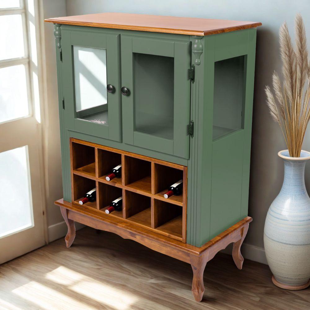 Adega De Madeira 2 Portas Com Suporte Para Taças E Pés Luiz Xv - Verde Kalle Com Tampo Base E Colméia Imbuia Glazer - 2
