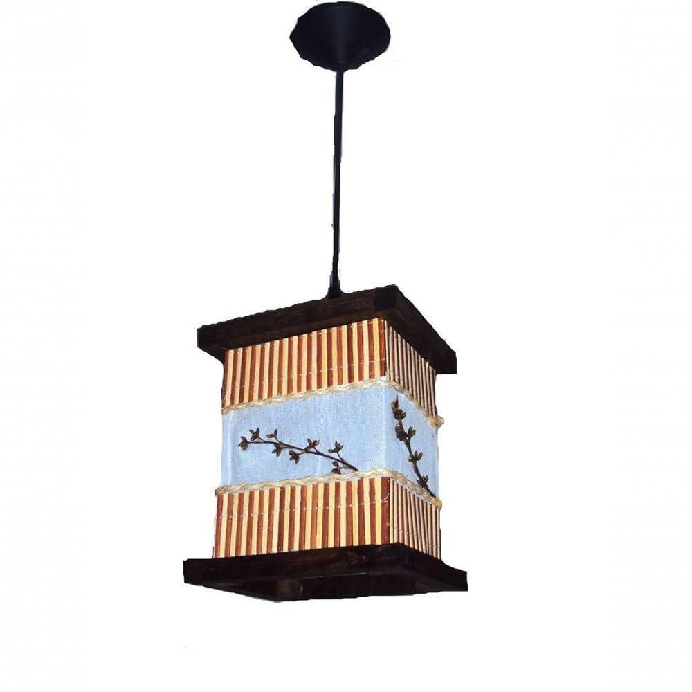 Luminária De Teto Lustre Rústico Bambu Tecido Artesanal Madeira Sala Quarto Hotel Pousada - 1