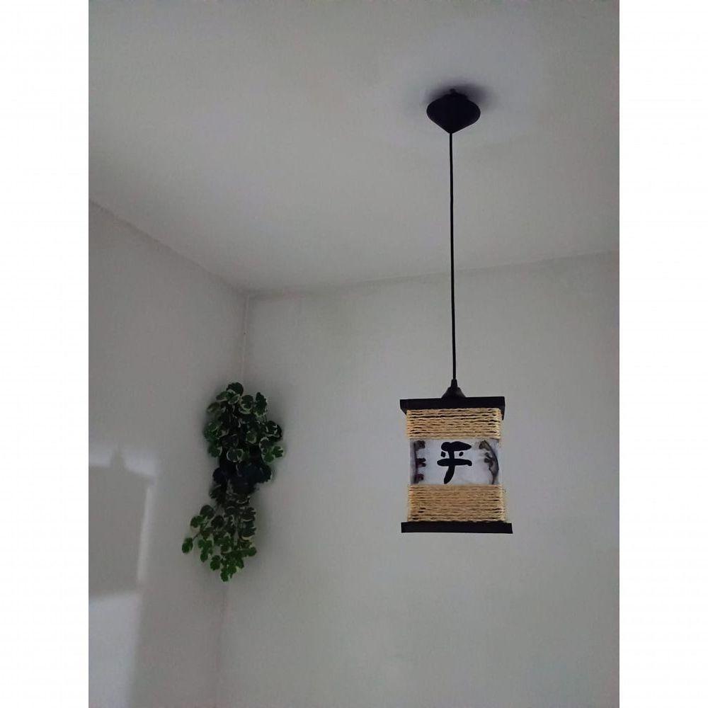 Lustre De Teto Luminária Rústico De Corda Japonês Ideograma Artesanal Madeira Sala Quarto Hotel - 5