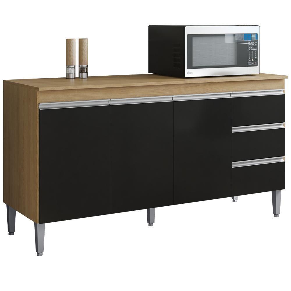 Balcão Com Tampo 3 Pt 3 G 150 Cm Andreia Amendoa Preto Reajl Moveis - 1