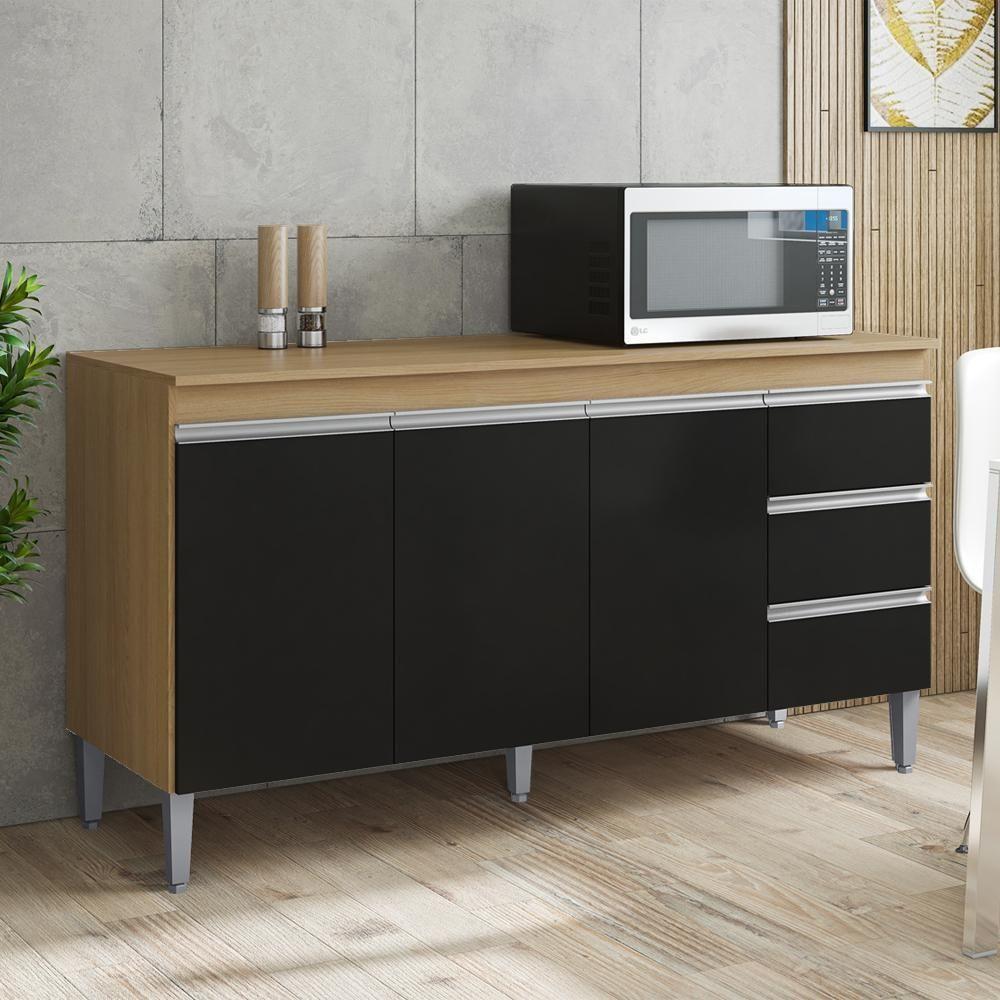 Balcão Com Tampo 3 Portas 3 Gavetas 160 Cm Andreia Amendoa Preto Reajl Moveis - 7