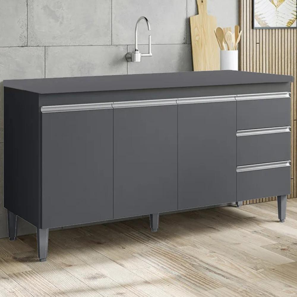 Balcão Com Tampo 3 Portas 3 Gavetas 160 Cm Andreia Cinza Reajl Moveis - 2