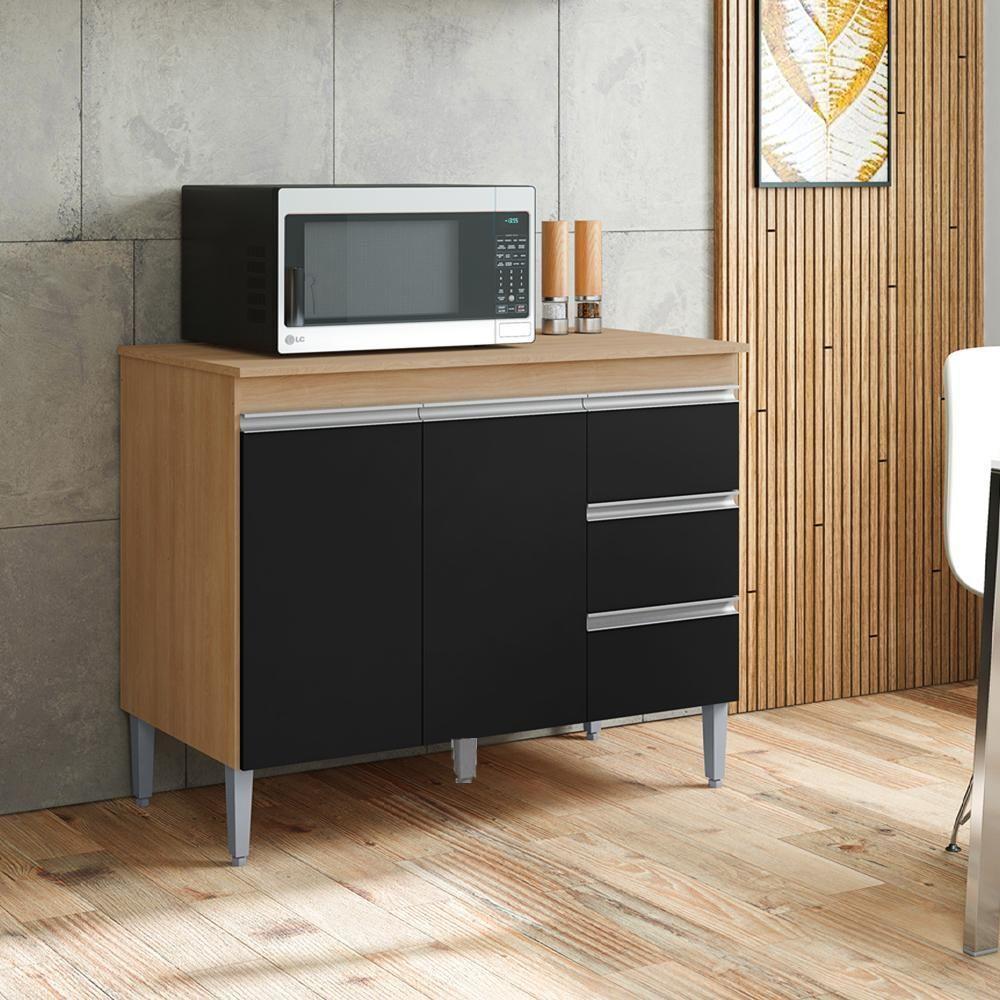 Balcão Com Tampo 2 Portas E 3 Gavetas 120 Cm Andreia Amendoa Preto Reajl Moveis - 2