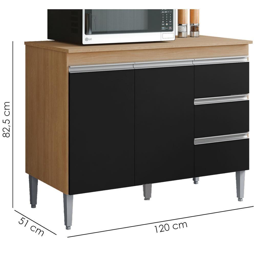 Balcão Com Tampo 2 Portas E 3 Gavetas 120 Cm Andreia Amendoa Preto Reajl Moveis - 4