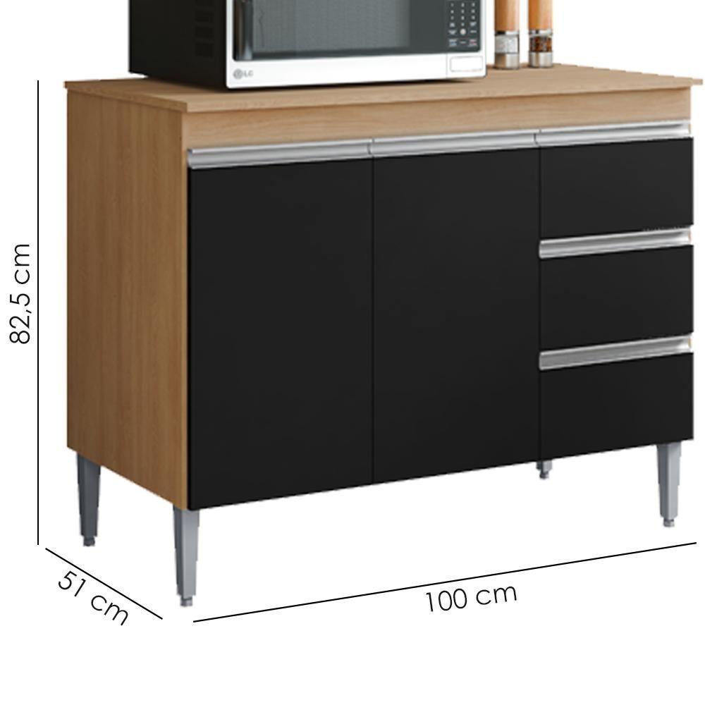 Balcão Com Tampo 2 Portas E 3 Gavetas 100 Cm Andreia Amendoa Preto Reajl Moveis - 3