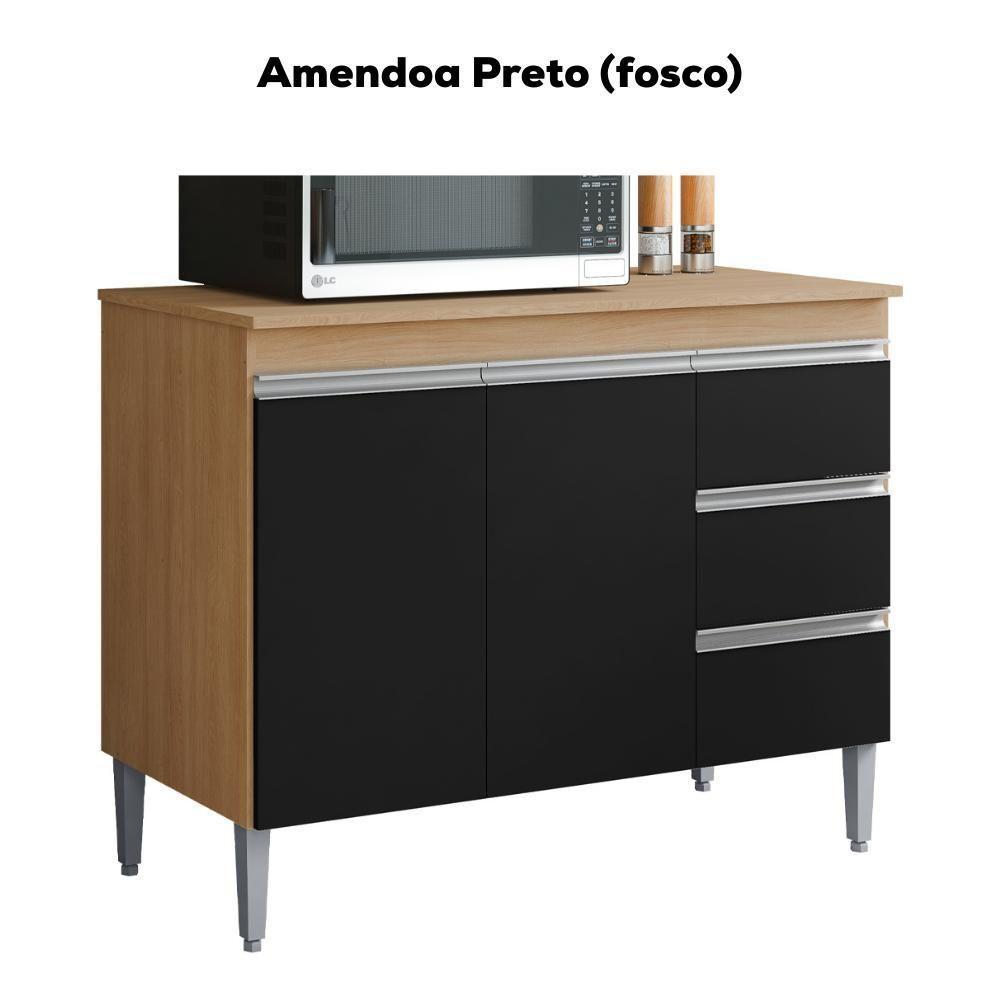 Balcão Com Tampo 2 Portas E 3 Gavetas 100 Cm Andreia Amendoa Preto Reajl Moveis - 4