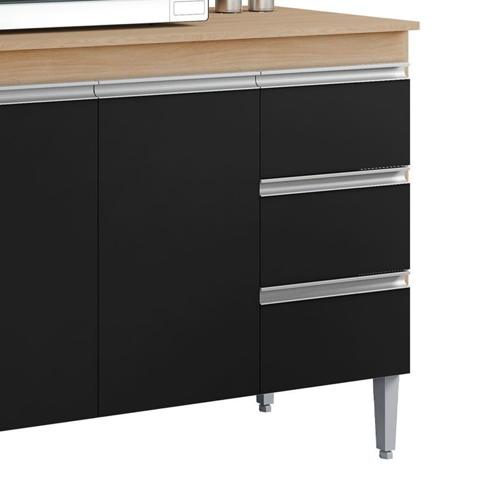 Balcão Com Tampo 2 Portas E 3 Gavetas 100 Cm Andreia Amendoa Preto Reajl Moveis - 5