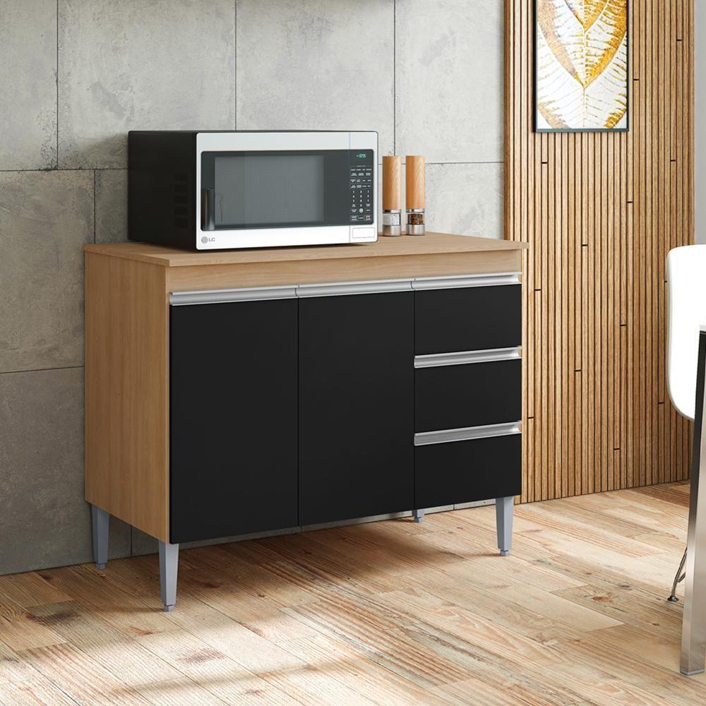 Balcão Com Tampo 2 Portas E 3 Gavetas 100 Cm Andreia Amendoa Preto Reajl Moveis - 6