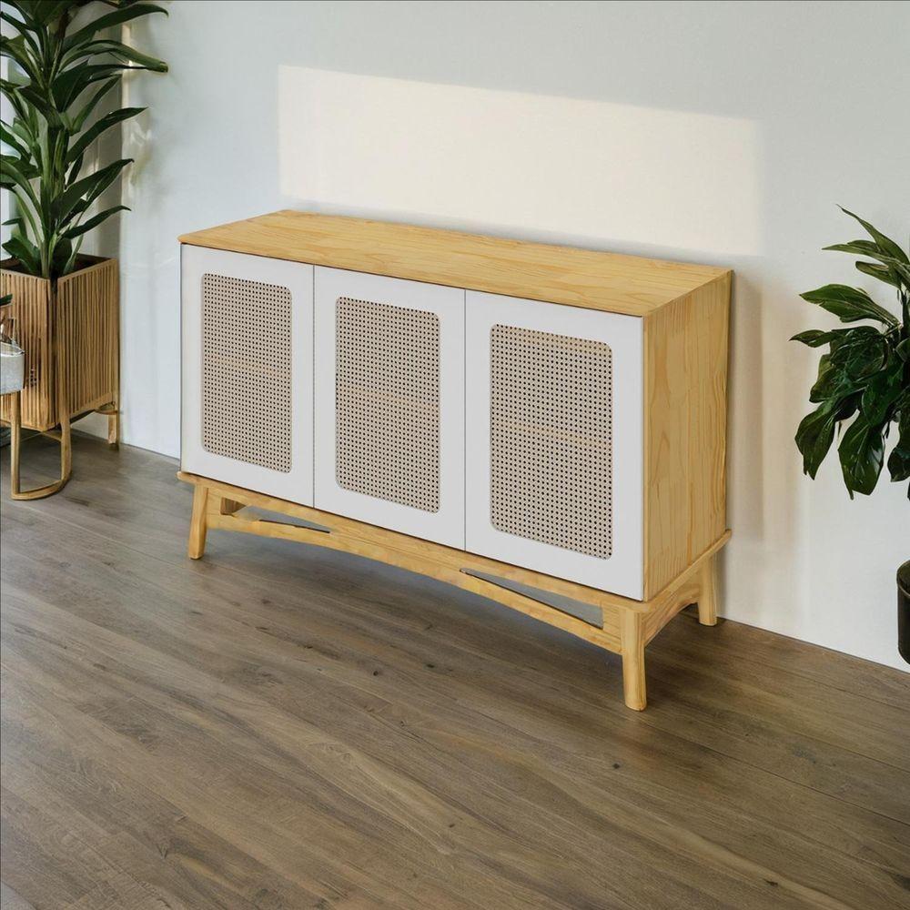 Balcão 3 Portas E 1 Gaveta Interna Com Portas Em Rattan - Garapa Com Portas Nude Laca - 2