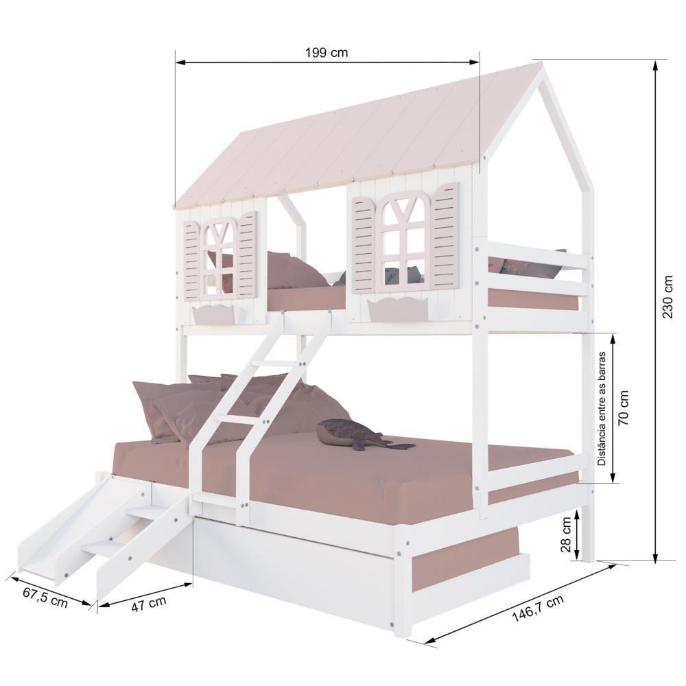 Treliche Casal/ Solteiro Casinha Bela Com Kit Escada/escorregador - Madeira Maciça Branco/rosa Megamobilia - 3