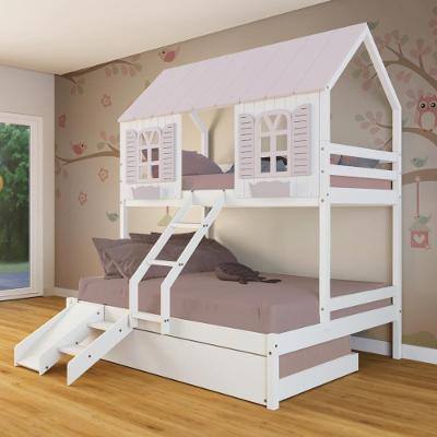 Treliche Casal/ Solteiro Casinha Bela Com Kit Escada/escorregador - Madeira Maciça Branco/rosa Megamobilia