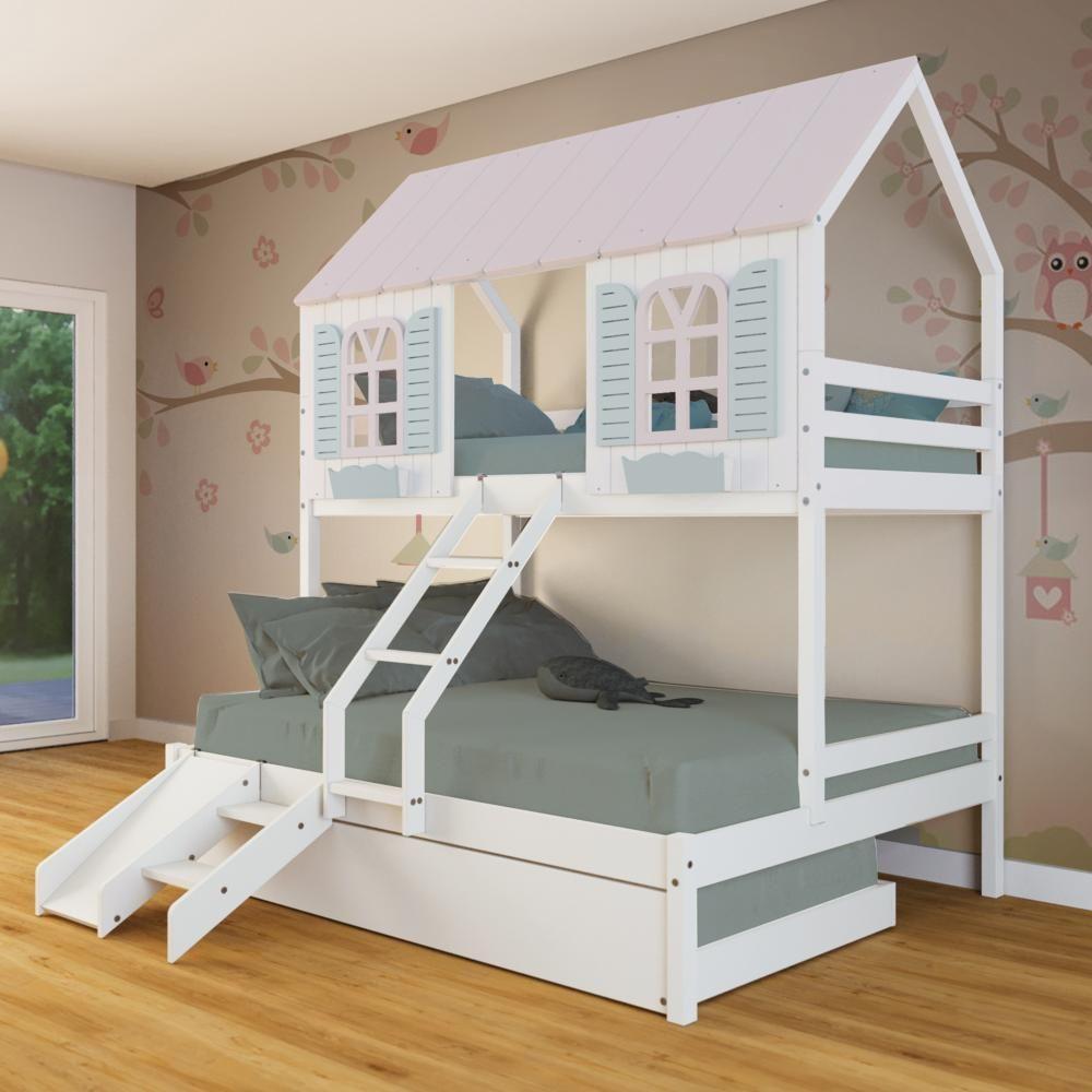 Treliche Casal/ Solteiro Casinha Bela Com Kit Escada/escorregador - Madeira Maciça Branco/rosa/verde Megamobilia - 1