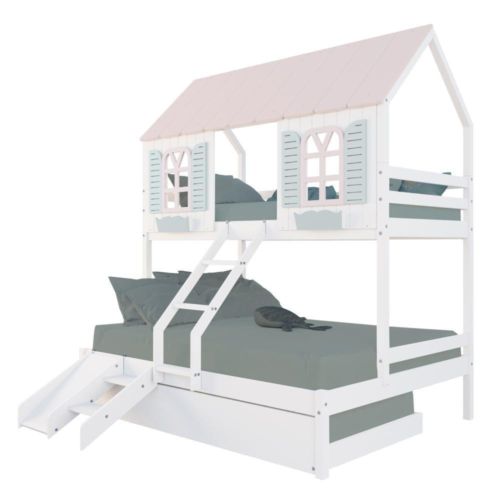 Treliche Casal/ Solteiro Casinha Bela Com Kit Escada/escorregador - Madeira Maciça Branco/rosa/verde Megamobilia - 2