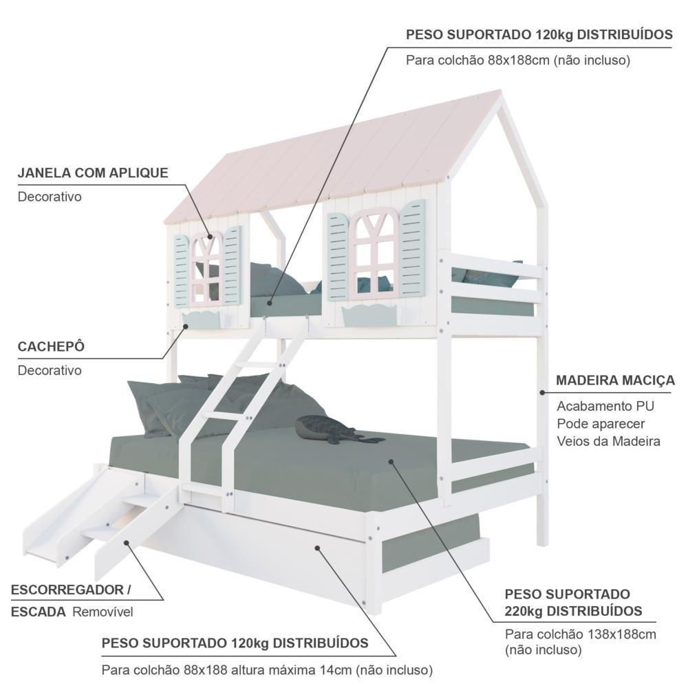 Treliche Casal/ Solteiro Casinha Bela Com Kit Escada/escorregador - Madeira Maciça Branco/rosa/verde Megamobilia - 4