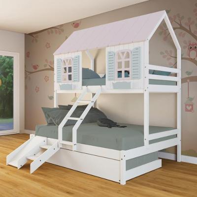 Treliche Casal/ Solteiro Casinha Bela Com Kit Escada/escorregador - Madeira Maciça Branco/rosa/verde Megamobilia