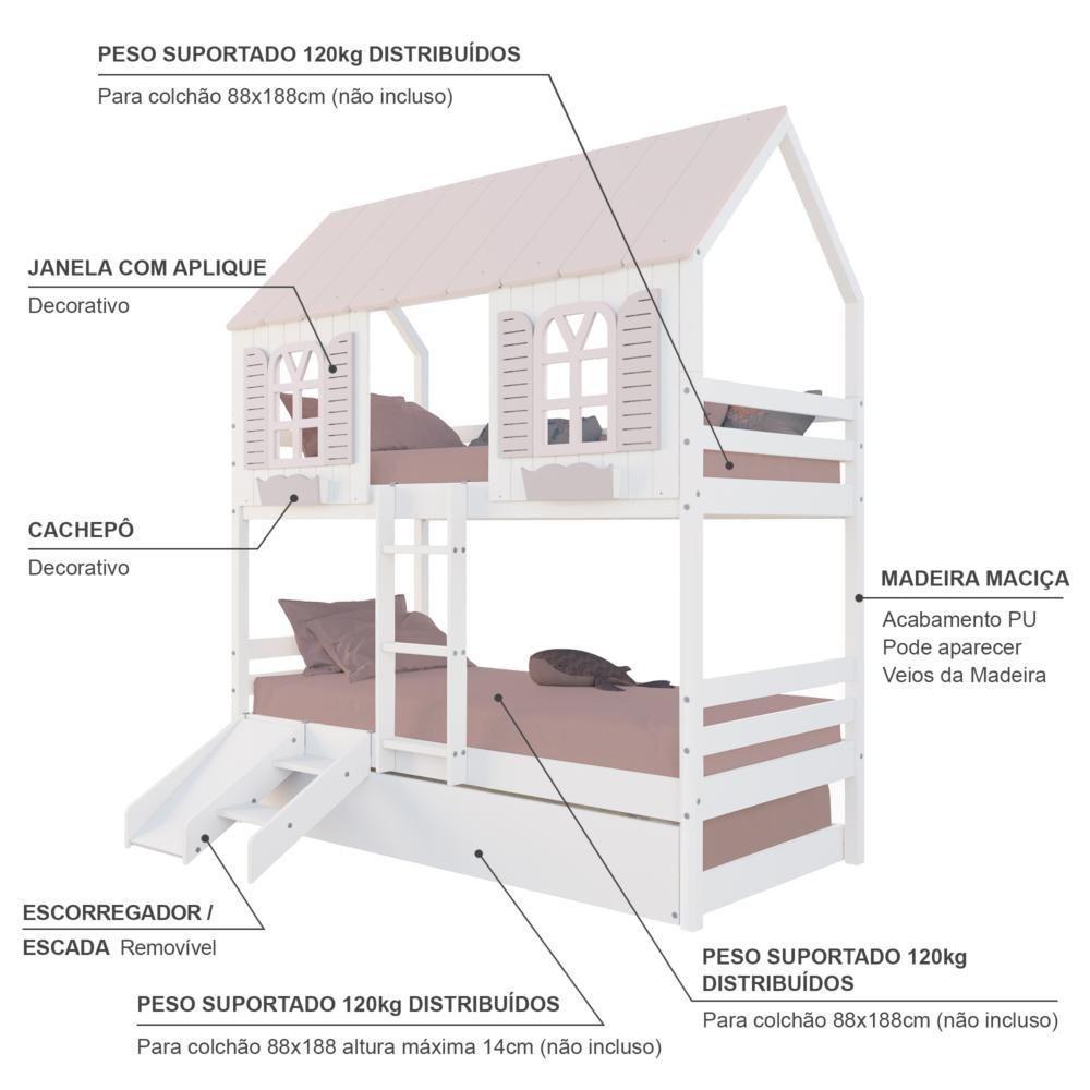 Treliche Casinha Bela Kit Escada/escorregador - Madeira Maciça Branco/rosa Megamobilia - 4