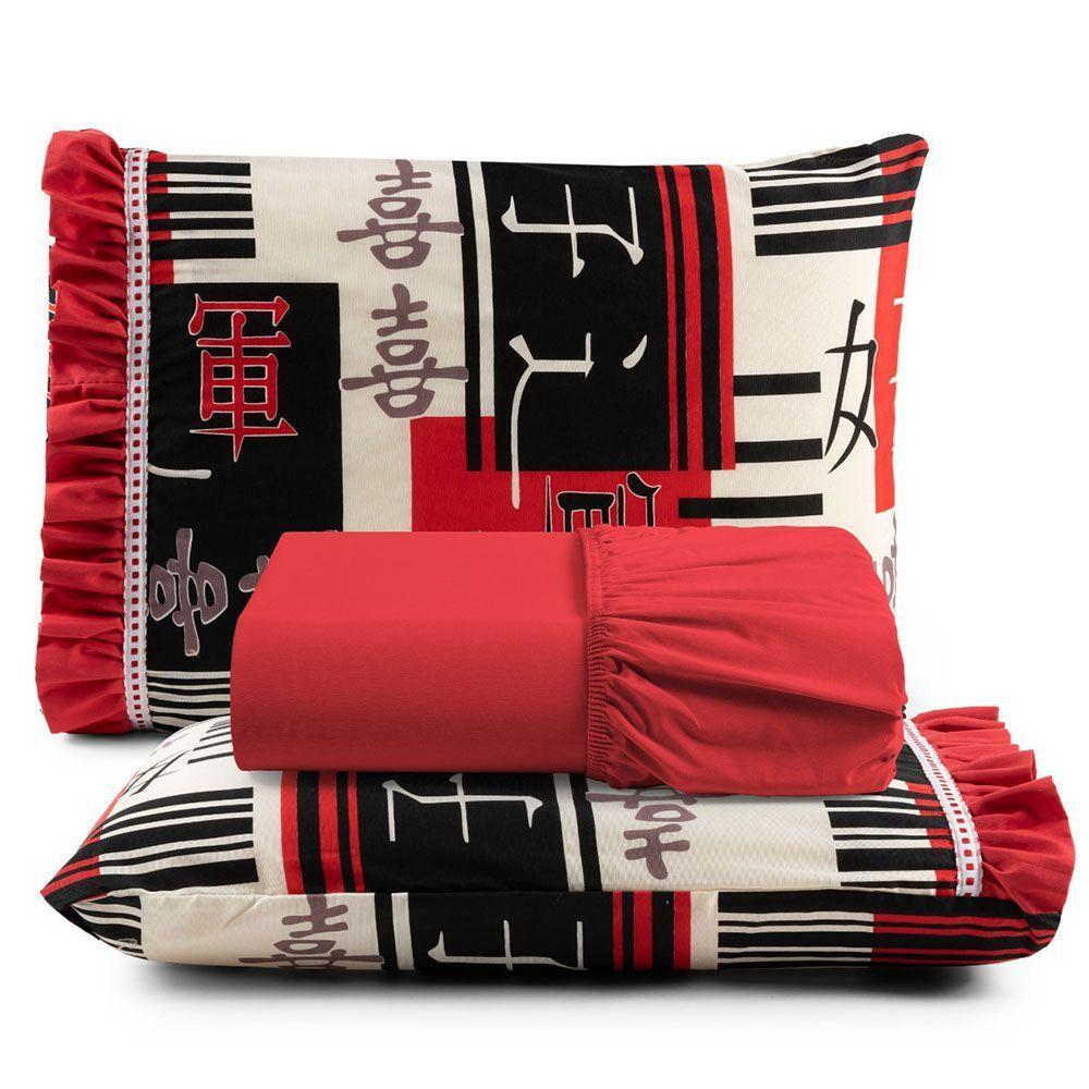 Jogo Cama Lençol Fiore Queen Estampado 180 Fios 100% Algodão Com Babadinho 3 Peças Vermelho Oriental Japonês - 1