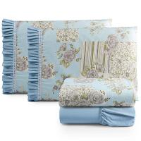 Jogo Cama Lençol Fiore Queen Estampado 180 Fios 100% Algodão Com Babadinho 4 Peças Azul Floral - 1