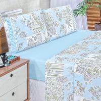 Jogo Cama Lençol Fiore Queen Estampado 180 Fios 100% Algodão Com Babadinho 4 Peças Azul Floral - 2