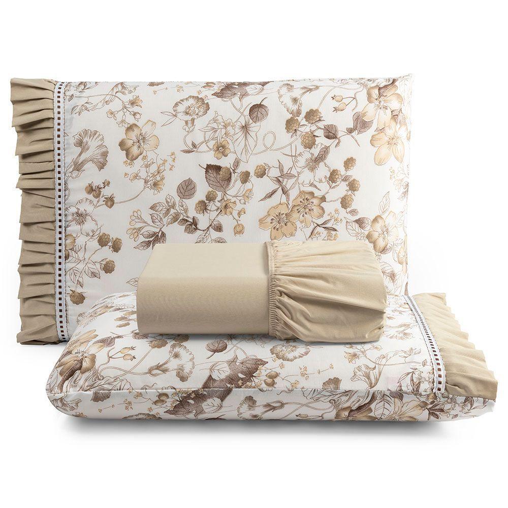 Jogo Cama Lençol Fiore Casal Padrão Estampado 180 Fios 100% Algodão Com Babadinho 3 Peças Bege Floral - 1