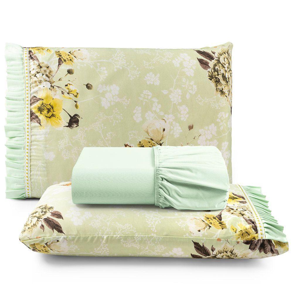 Jogo Cama Lençol Fiore King Estampado 180 Fios 100% Algodão Com Babadinho 3 Peças Verde Floral - 1