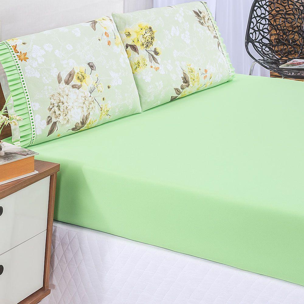 Jogo Cama Lençol Fiore King Estampado 180 Fios 100% Algodão Com Babadinho 3 Peças Verde Floral - 2
