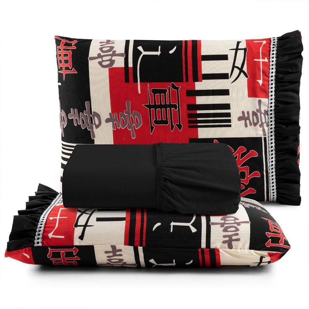 Jogo Cama Lençol Fiore King Estampado 180 Fios 100% Algodão Com Babadinho 3 Peças Preto Oriental Japonês - 1