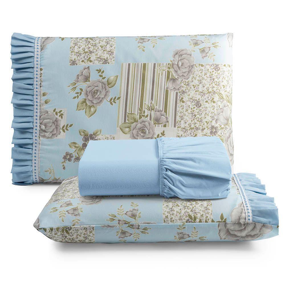 Jogo Cama Lençol Fiore Queen Estampado 180 Fios 100% Algodão Com Babadinho 3 Peças Azul Floral - 1