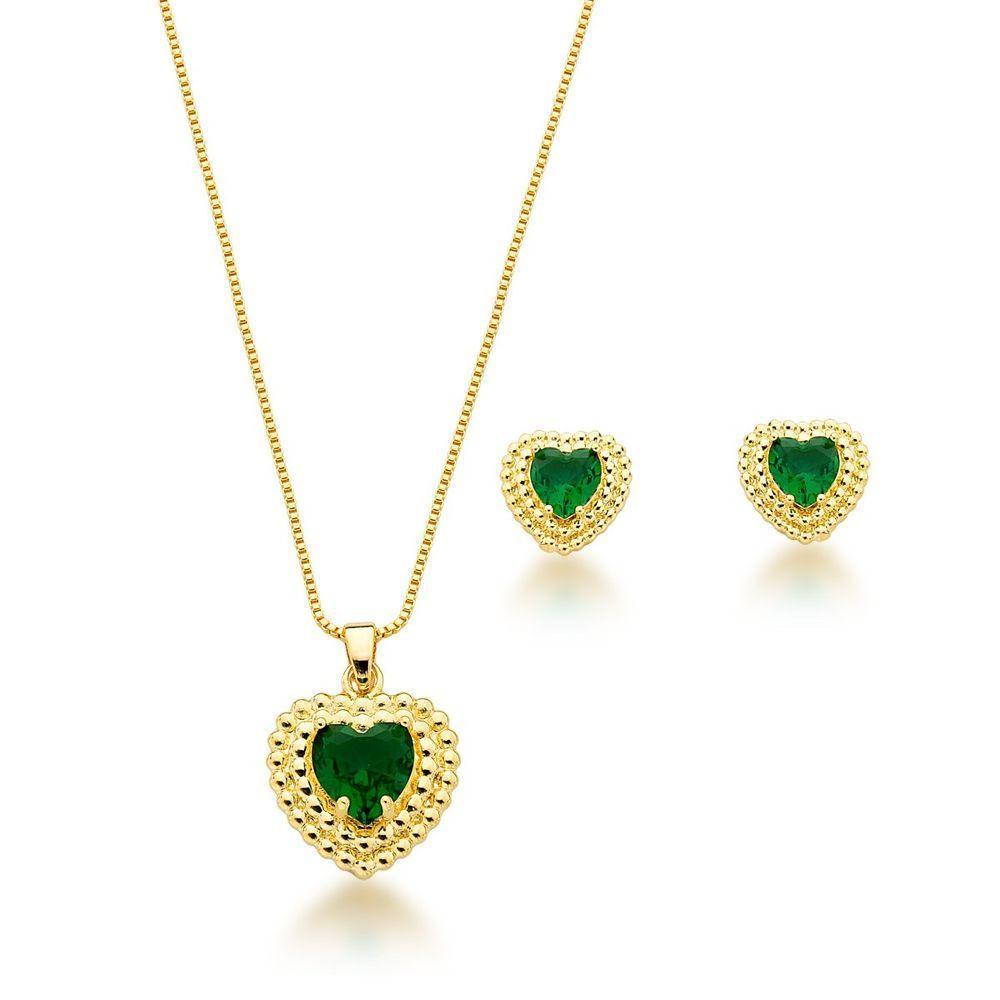 Conjunto Colar E Brincos Coração Verde Escuro Banhado A Ouro 18k - 1
