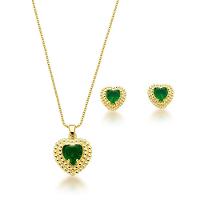 Conjunto Colar E Brincos Coração Verde Escuro Banhado A Ouro 18k - 1