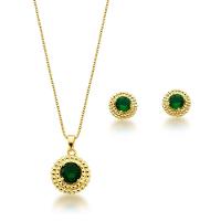 Conjunto Colar E Brincos Redondo Verde Escuro Banhado A Ouro 18k - 1