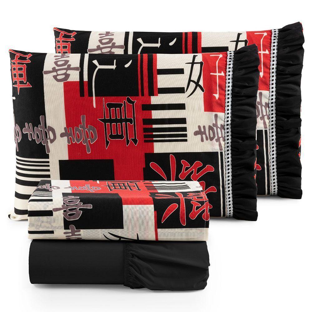 Jogo Cama Lençol Fiore Queen Estampado 180 Fios 100% Algodão Com Babadinho 4 Peças Preto Oriental Japonês - 1