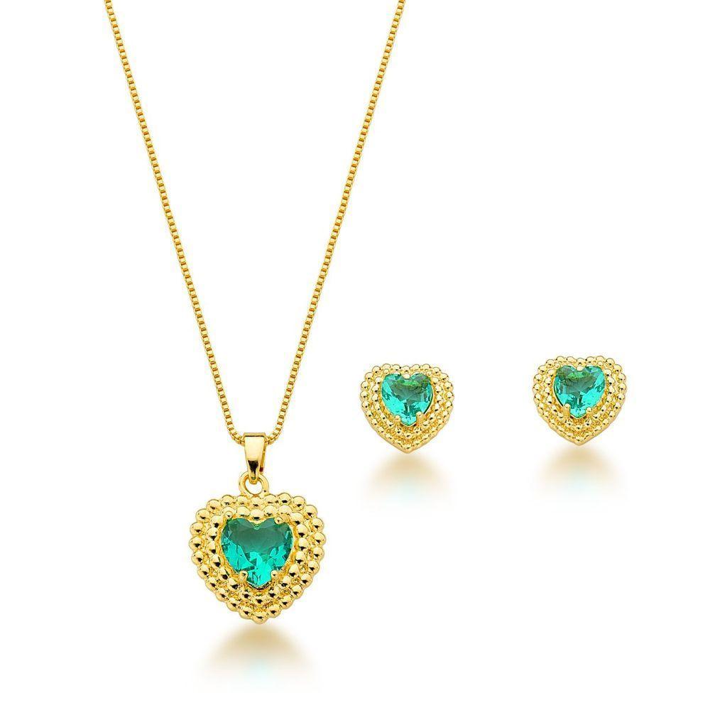 Conjunto Colar E Brincos Coração Verde Claro Banhado A Ouro 18k - 1