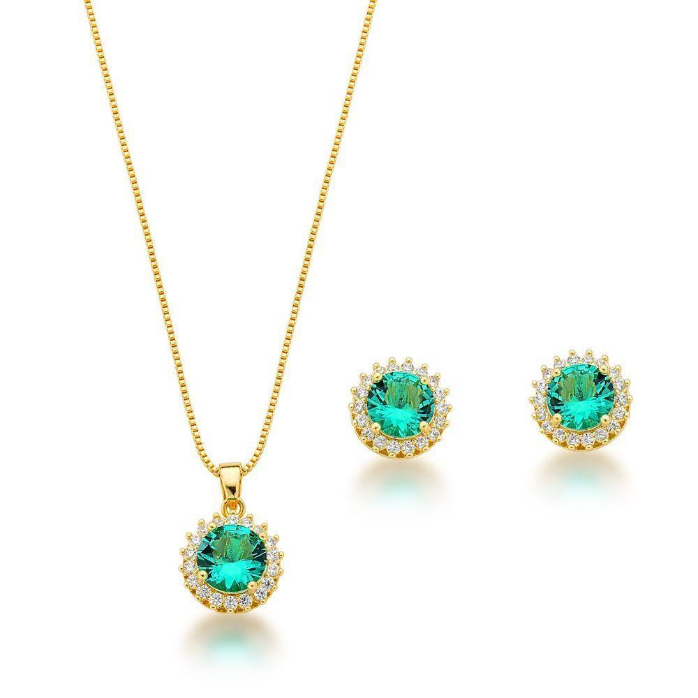 Conjunto Colar E Brinco Ponto De Luz Verde Claro Claro Banhado A Ouro 18k - 1