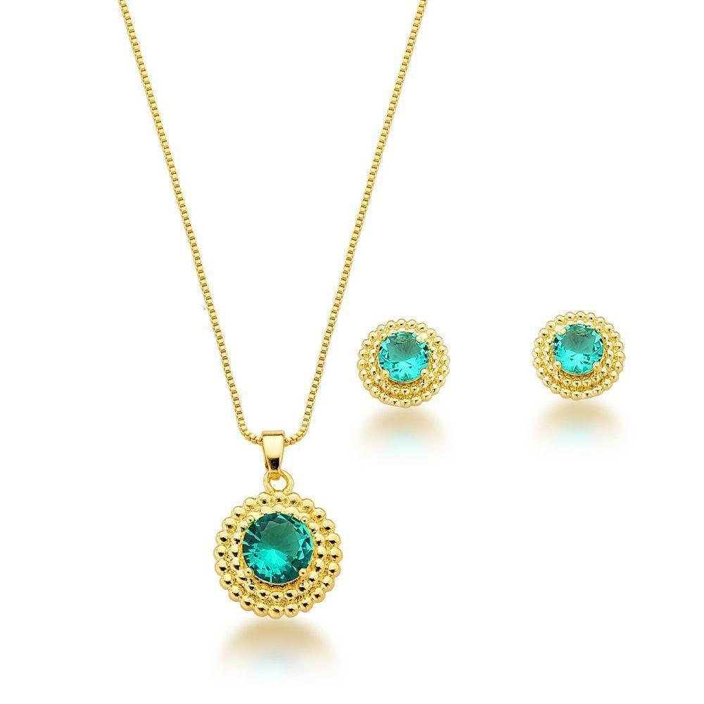 Conjunto Colar E Brincos Redondo Verde Claro Banhado A Ouro 18k - 1