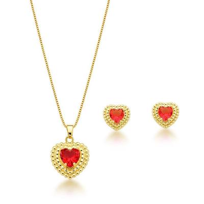 Conjunto Colar E Brincos Coração Vermelho Banhado A Ouro 18k