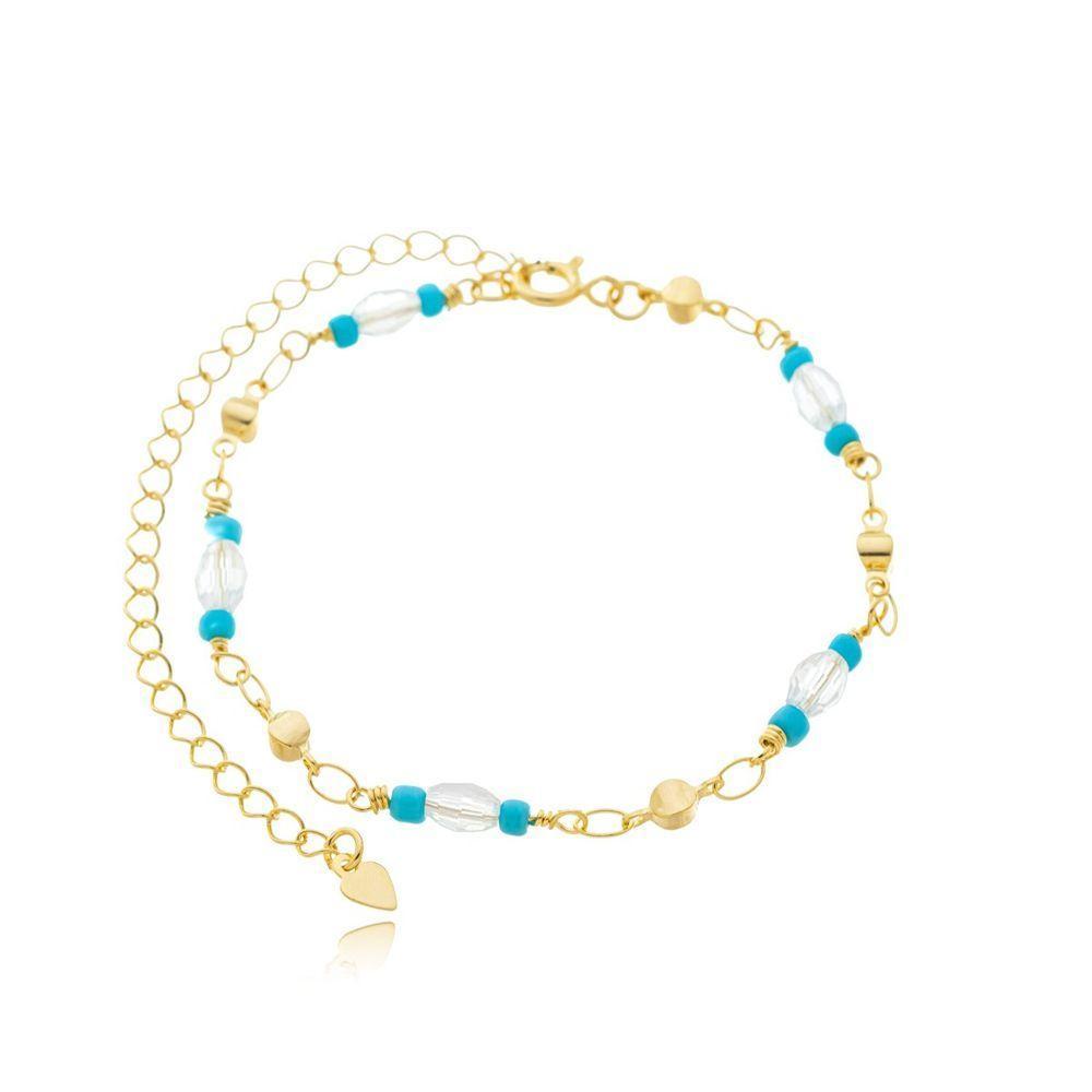 Tornozeleira Feminina Missangas Azuis Banhada A Ouro 18k - 1