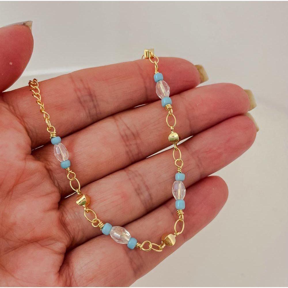 Tornozeleira Feminina Missangas Azuis Banhada A Ouro 18k - 2
