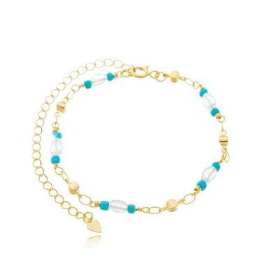 Tornozeleira Feminina Missangas Azuis Banhada A Ouro 18k